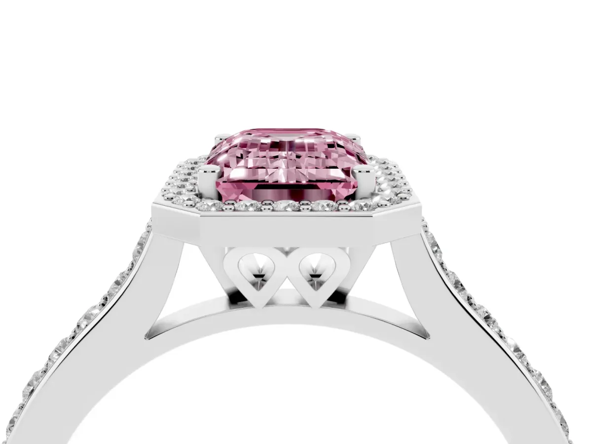 Fancy Pink Emerald Cut Diamond Halo Engagement Ring with Round Pavé Shoulders and Prong Setting White gold