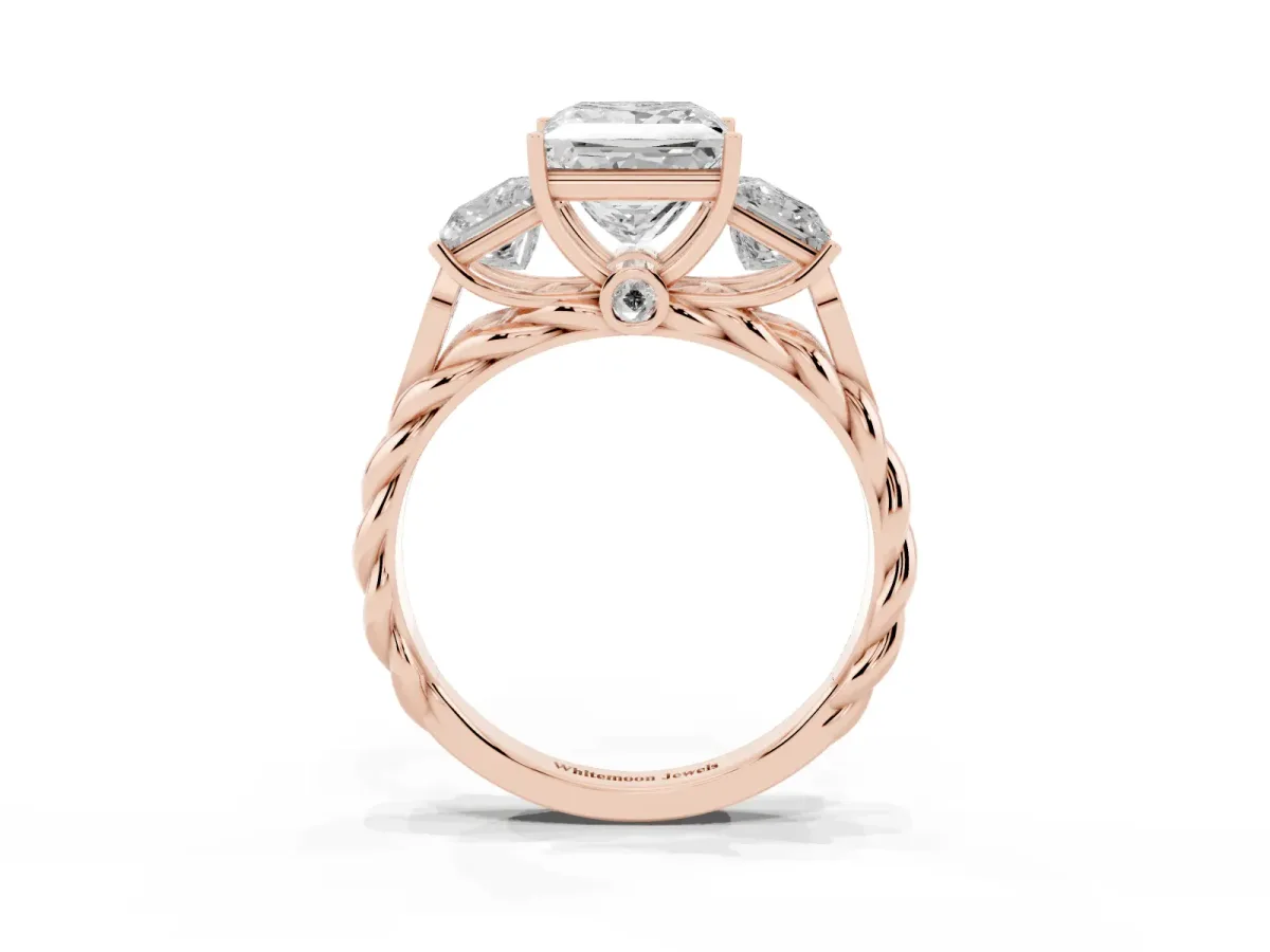 Three-Stone Princess Cut Diamond Braided Band Ring with Four-Prong Setting Rose gold