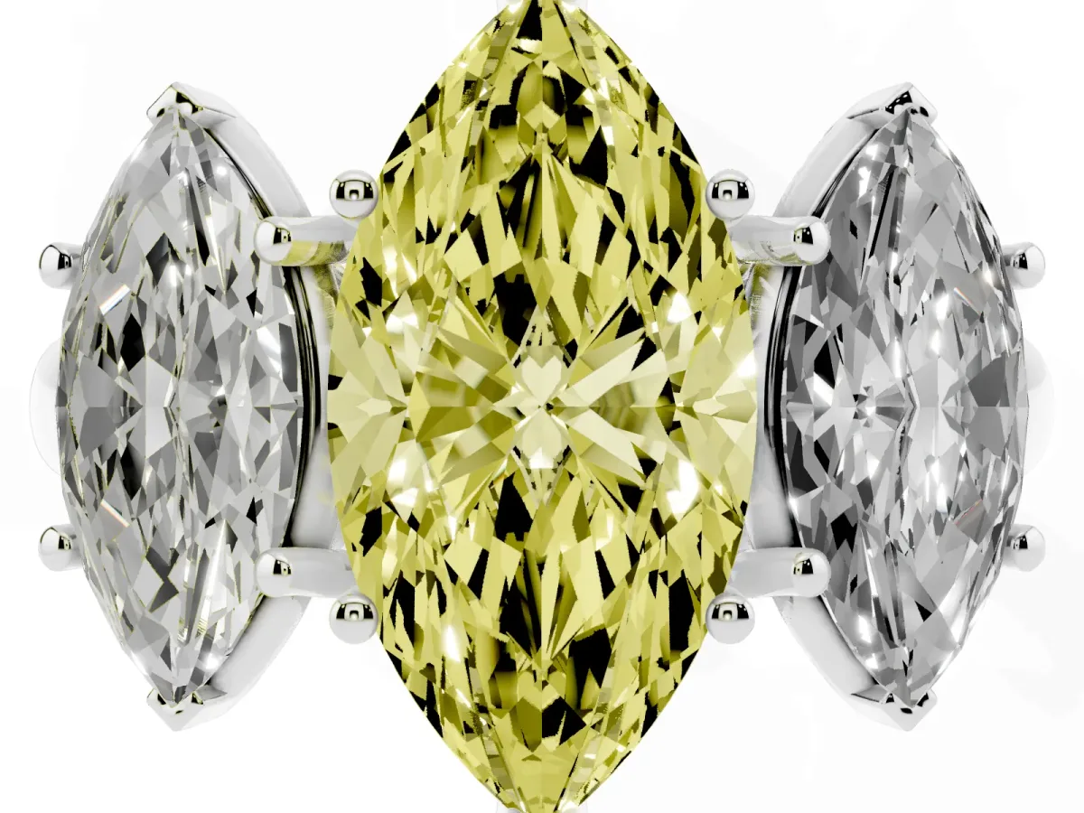 Fancy Yellow Three-Stone Marquise Cut Diamond Engagement Ring with Prong Setting Silver