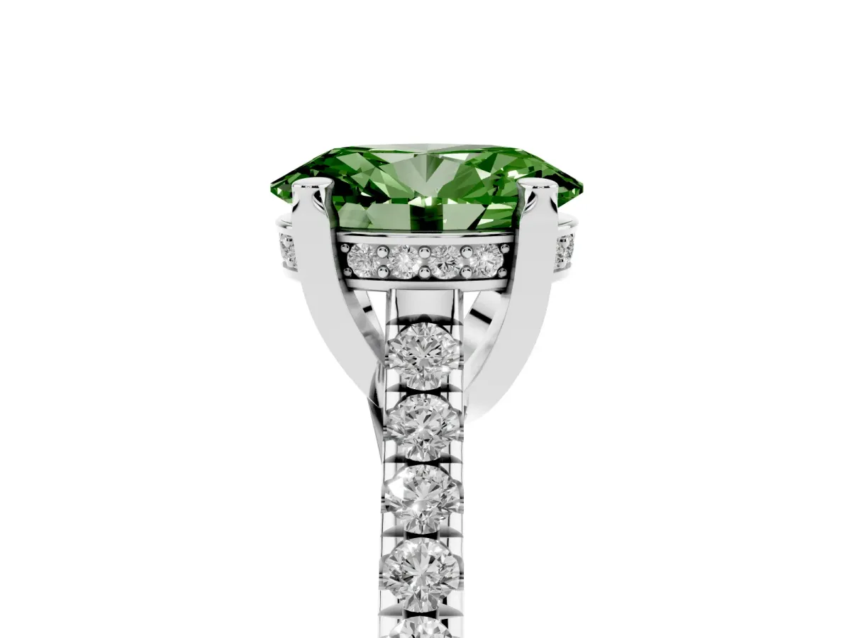 Fancy Green Oval Cut Brilliant Diamond Solitaire with Pavé Band and Four-Prong Setting Silver