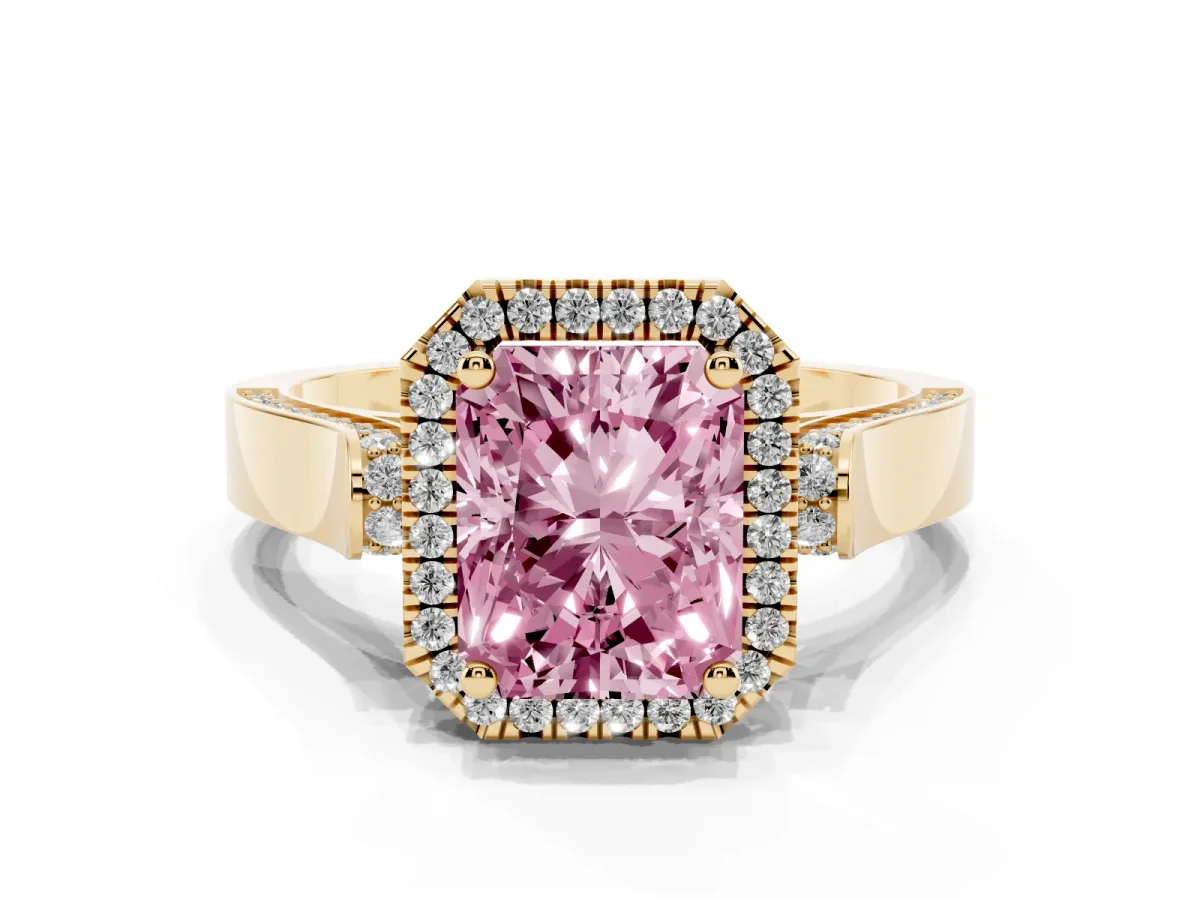 Fancy Pink Radiant Cut Halo Round Diamond Twist Band with Four-Prong Setting Yellow gold