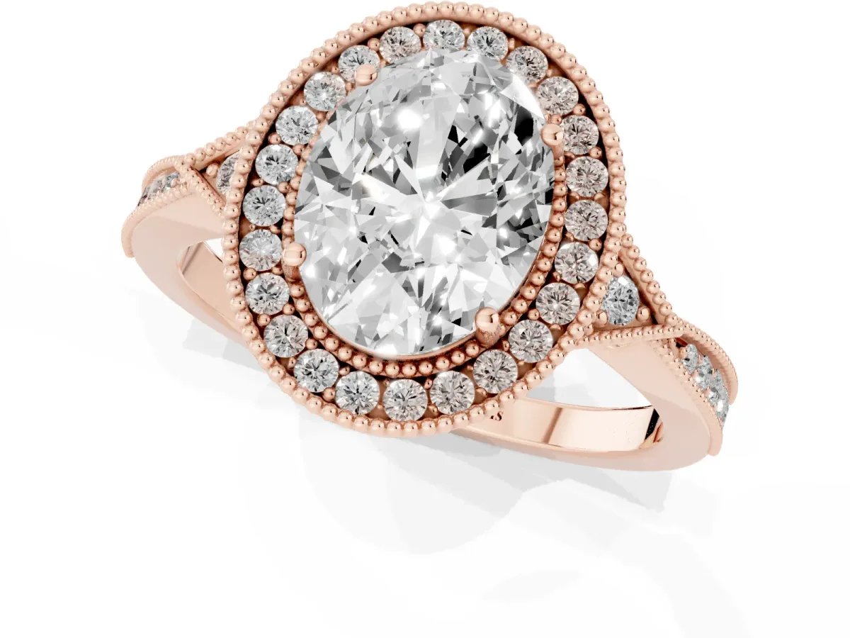 Oval Cut Halo Round Diamond Milgrain Pave Engagement Ring Rose gold