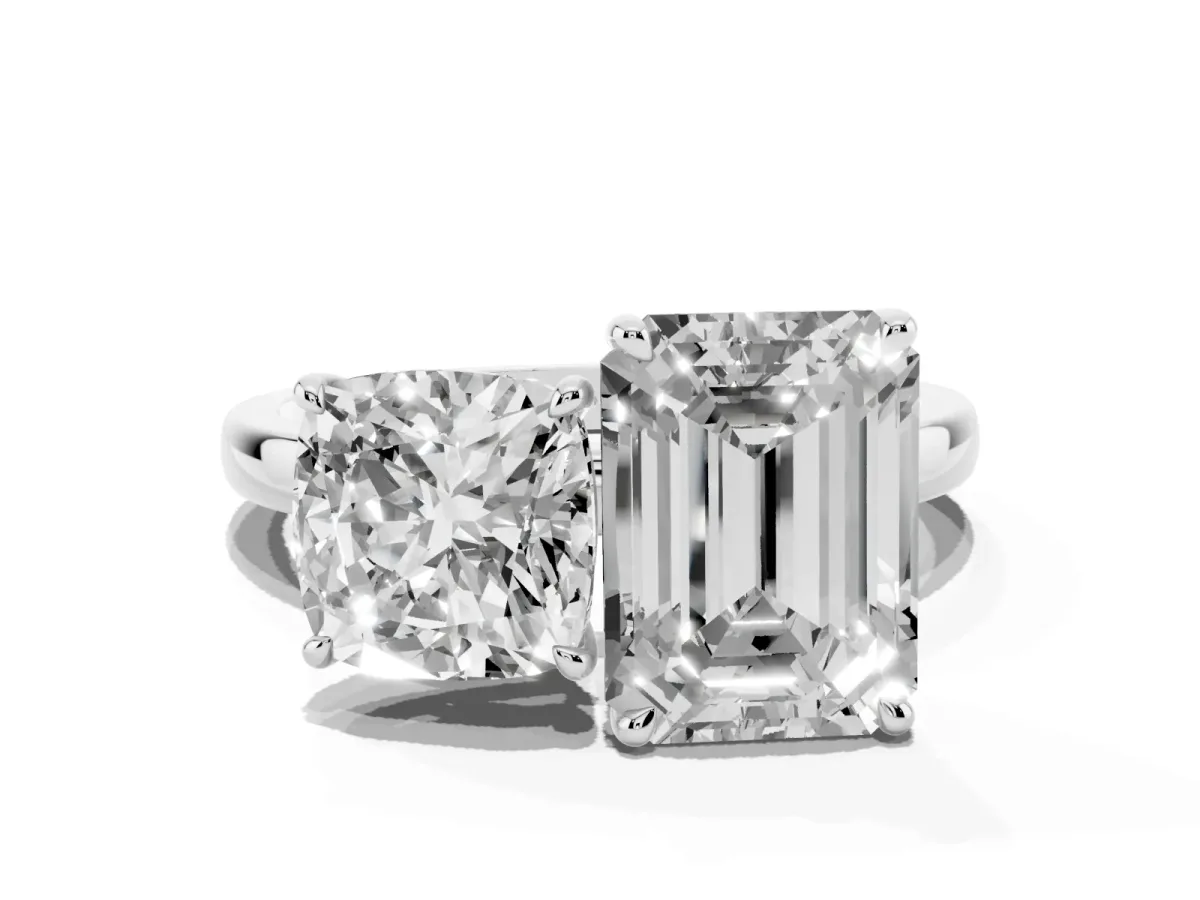 Cushion Cut and Emerald Cut Toi Moi Ring with Prong Setting Silver