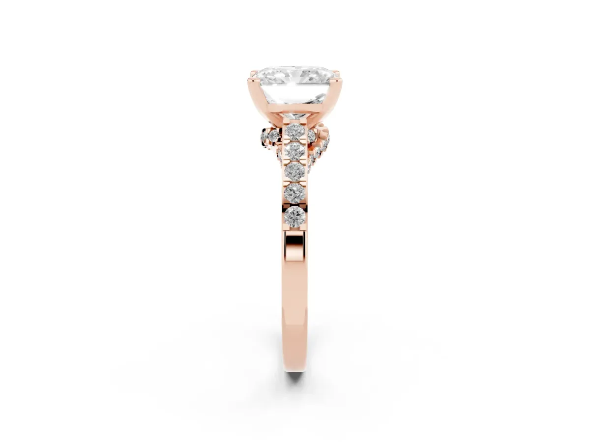 Radiant Cut Diamond Solitaire Ring with Crossover Gallery and Round Pavé Band Rose gold