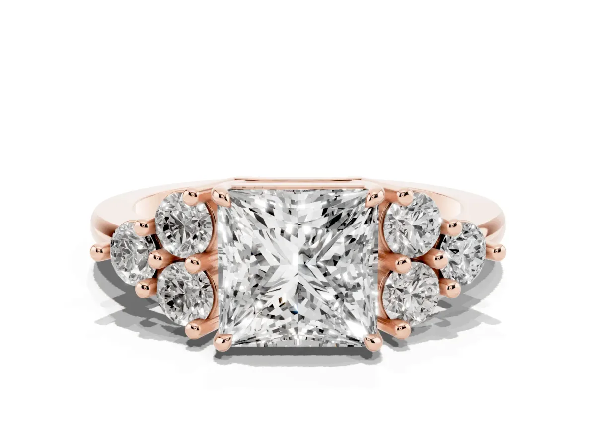 Princess Cut Brilliant Diamond Cluster Accent Solitaire Ring with Prong Setting Rose gold