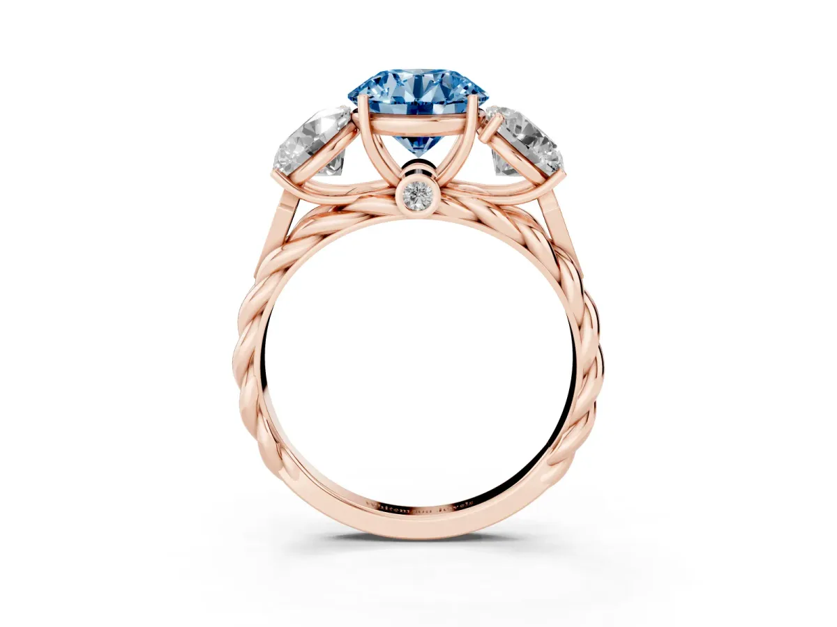 Fancy Blue Three-Stone Round Cut Diamond Braided Band Ring with Four-Prong Setting Rose gold