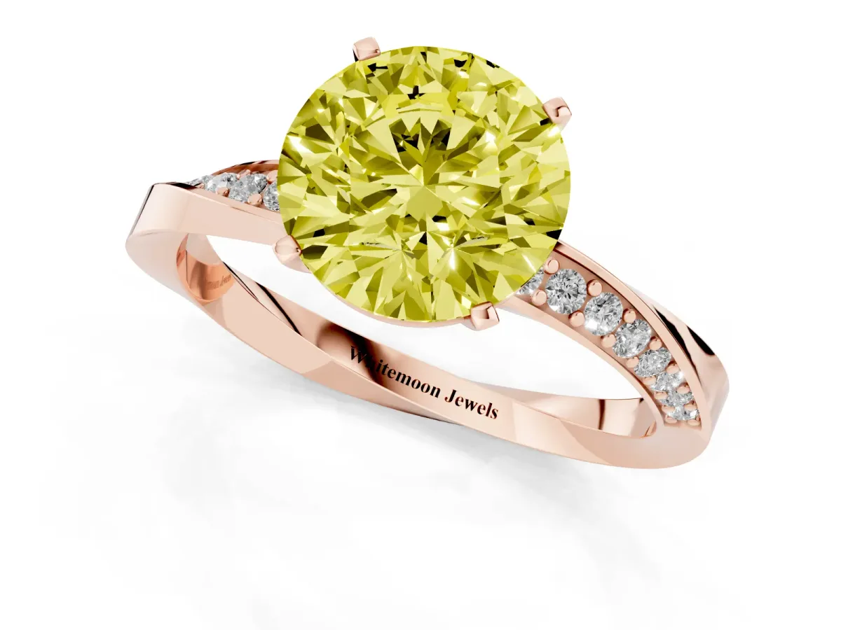 Fancy Yellow Round Cut Diamond Engagement Ring with Side Stone Accents and Four-Prong Setting Rose gold