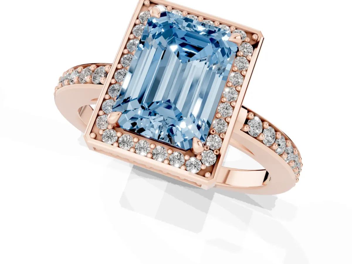 Fancy Blue Emerald Cut Halo Pave Band Solitaire Ring with Prong Setting Rose gold