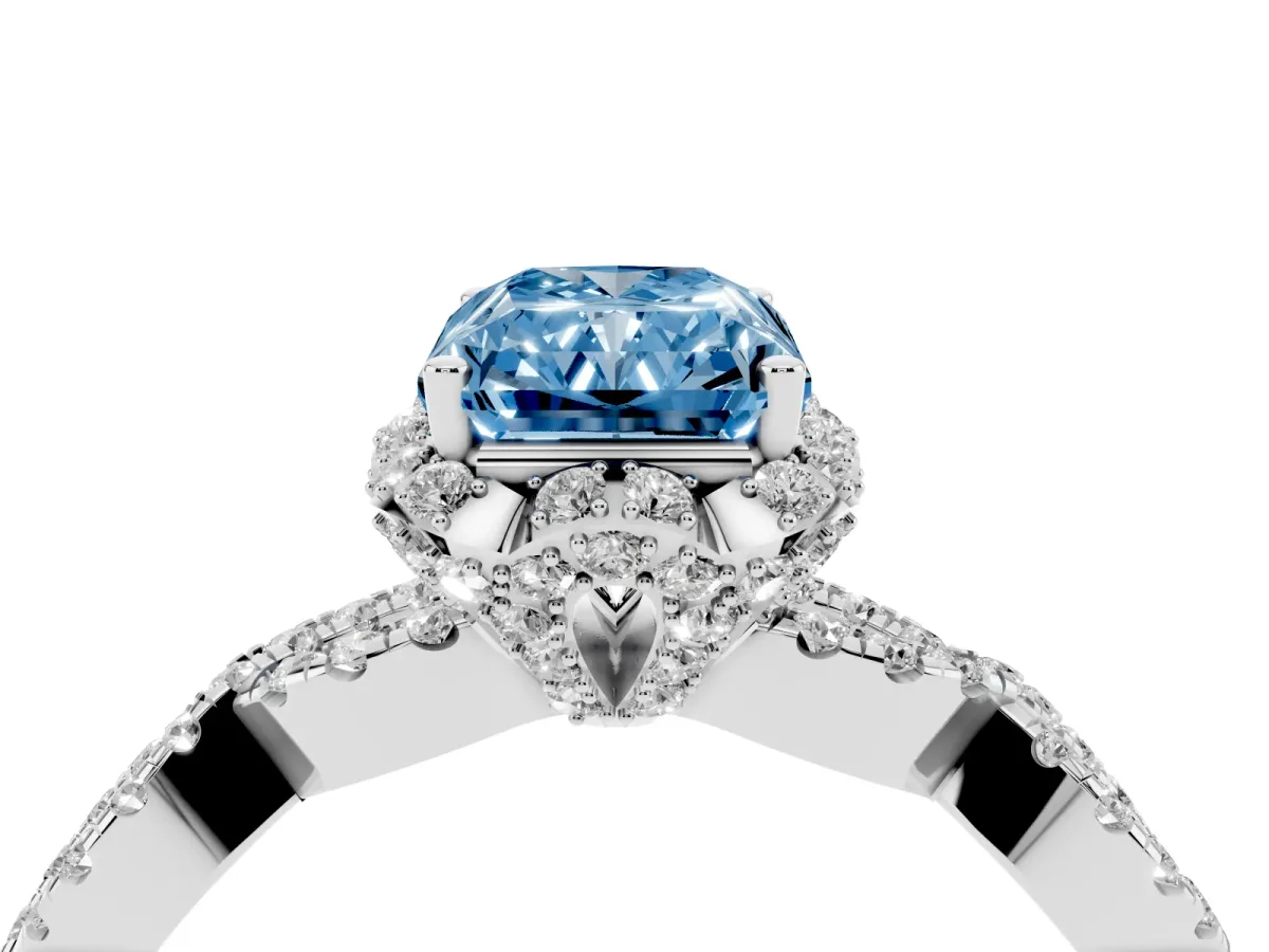 Fancy Blue Radiant Cut Halo Twist Band Solitaire Ring with Six-Prong Setting White gold