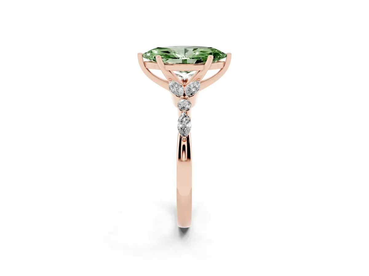 Fancy Green Marquise Cut Diamond Solitaire Ring with Side Stones and Four-Prong Setting Rose gold