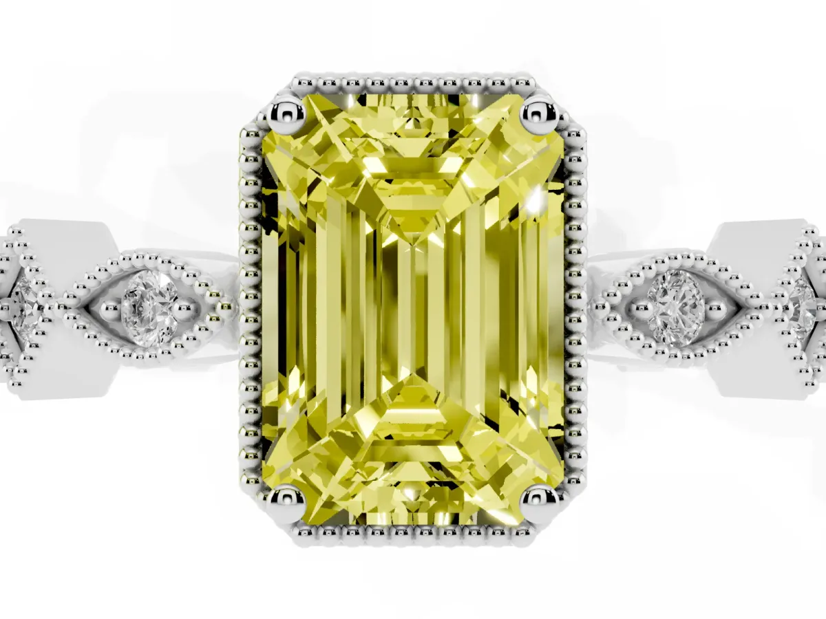 Fancy Yellow Emerald Cut Milgrain Marquise Diamond Twist Band Ring Silver