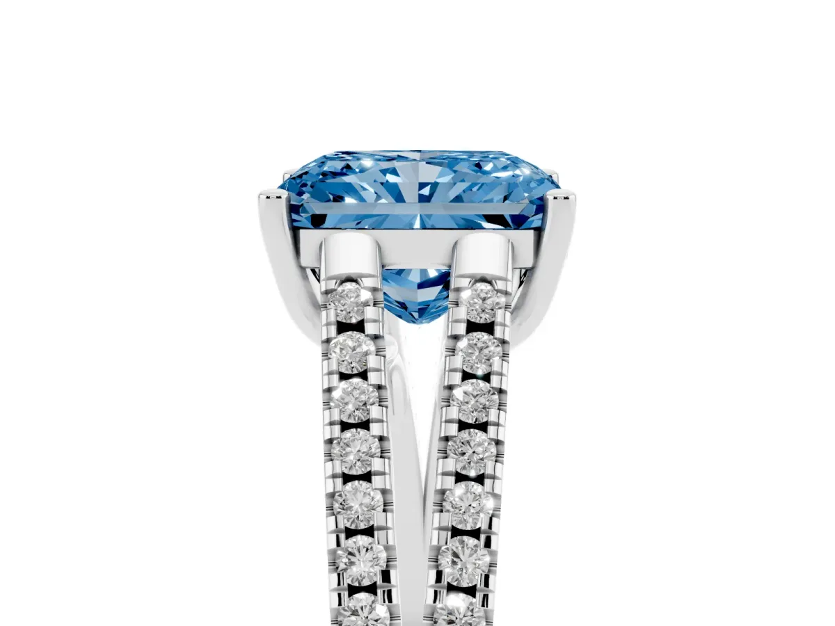 Fancy Blue Radiant Cut Diamond Solitaire Engagement Ring with Split Shank Pavé Band Platinum