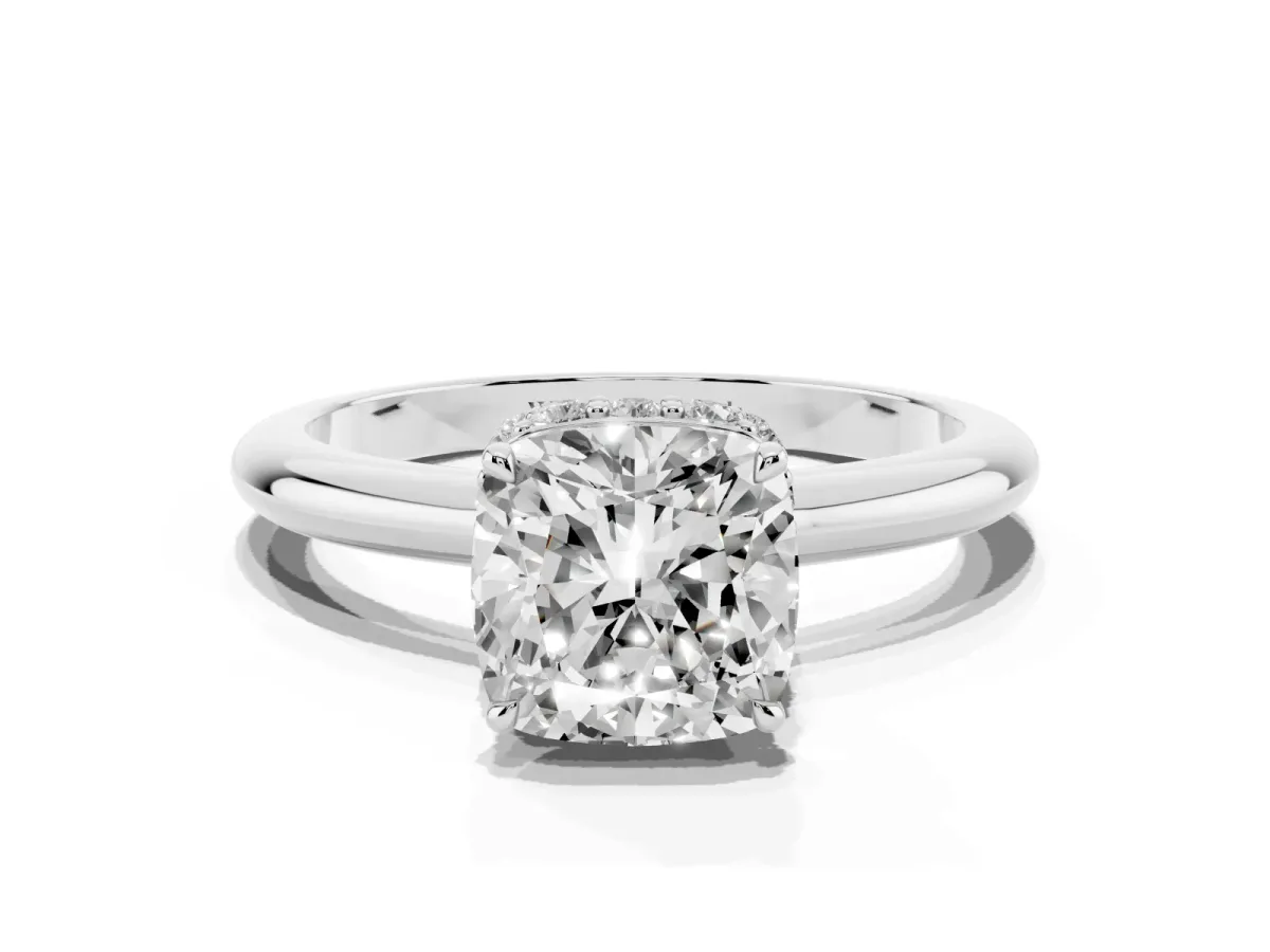 Cushion Cut Brilliant Solitaire Engagement Ring with Six-Prong Setting and Classic Band Silver