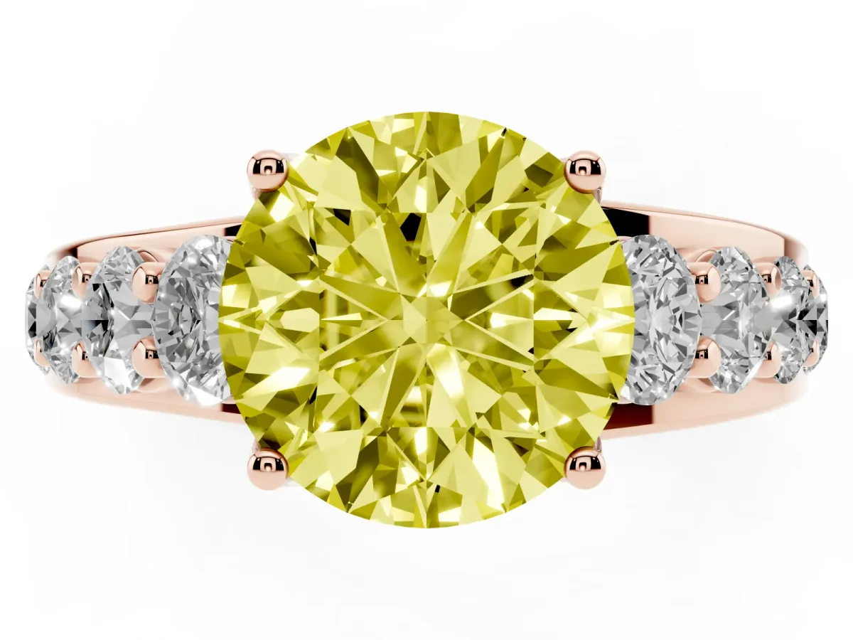 Fancy Yellow Round Cut Diamond Engagement Ring with Pavé Band and Four-Prong Setting Rose gold