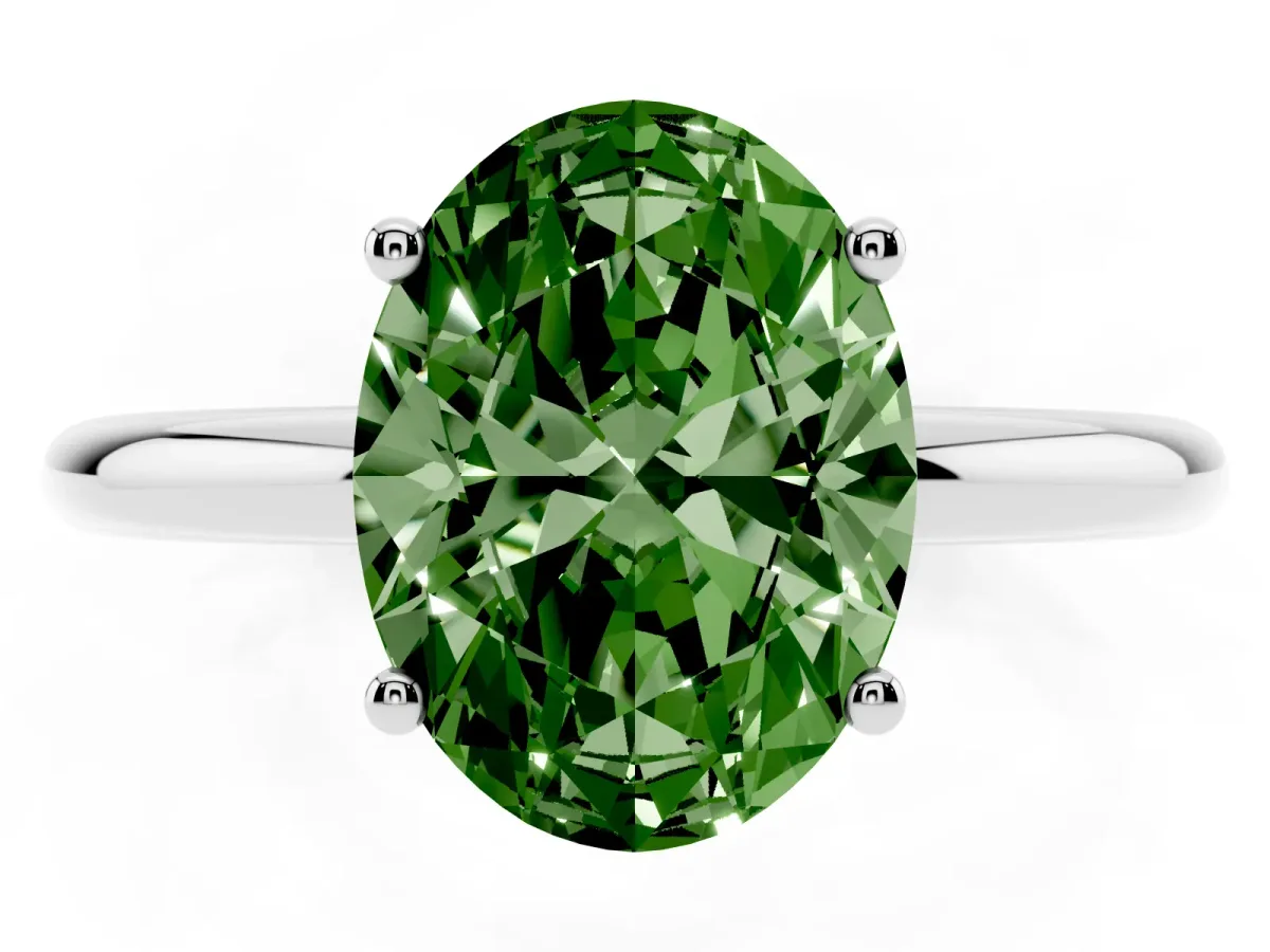 Fancy Green Oval Cut Cut Solitaire Engagement Ring with Four-Prong Setting and Classic Band Silver