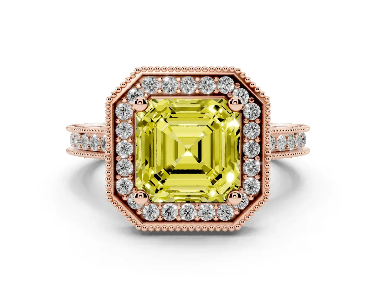 Fancy Yellow Asscher Cut Diamond Milgrain Halo Engagement Ring with Round Pavé Band and Prong Setting Rose gold