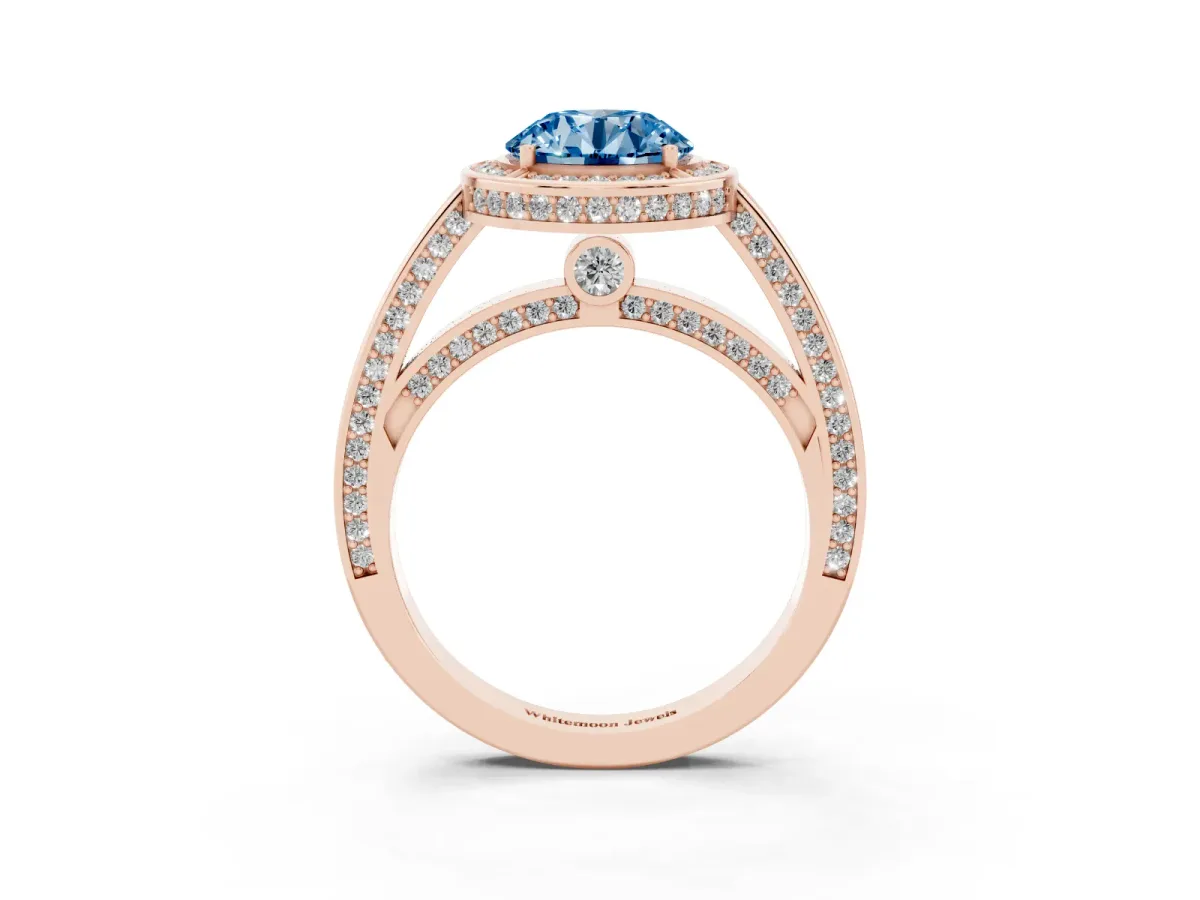 Fancy Blue Round Cut Cut Halo Pave Split Shank Prong Setting Ring Rose gold