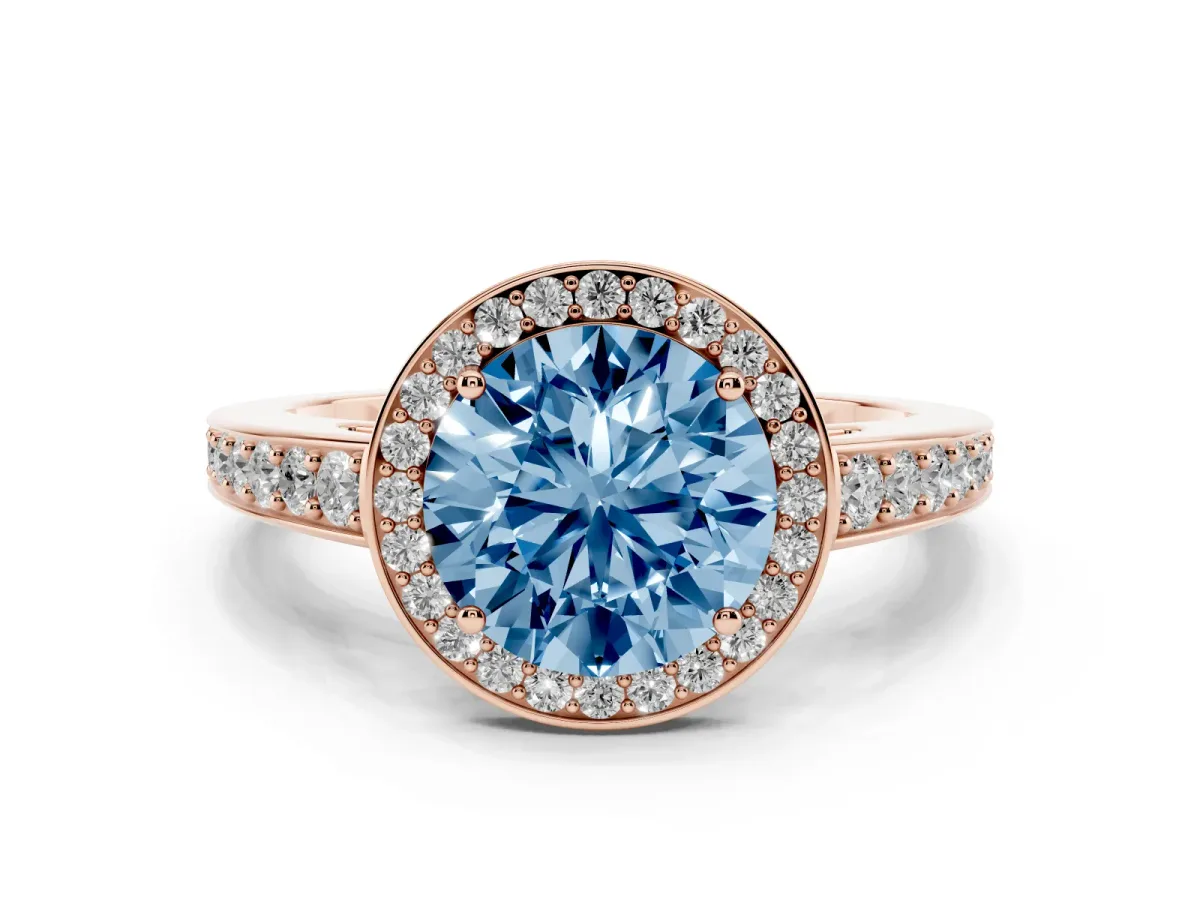 Fancy Blue Round Cut Halo Pavé Diamond Engagement Ring with Bezel Setting Rose gold