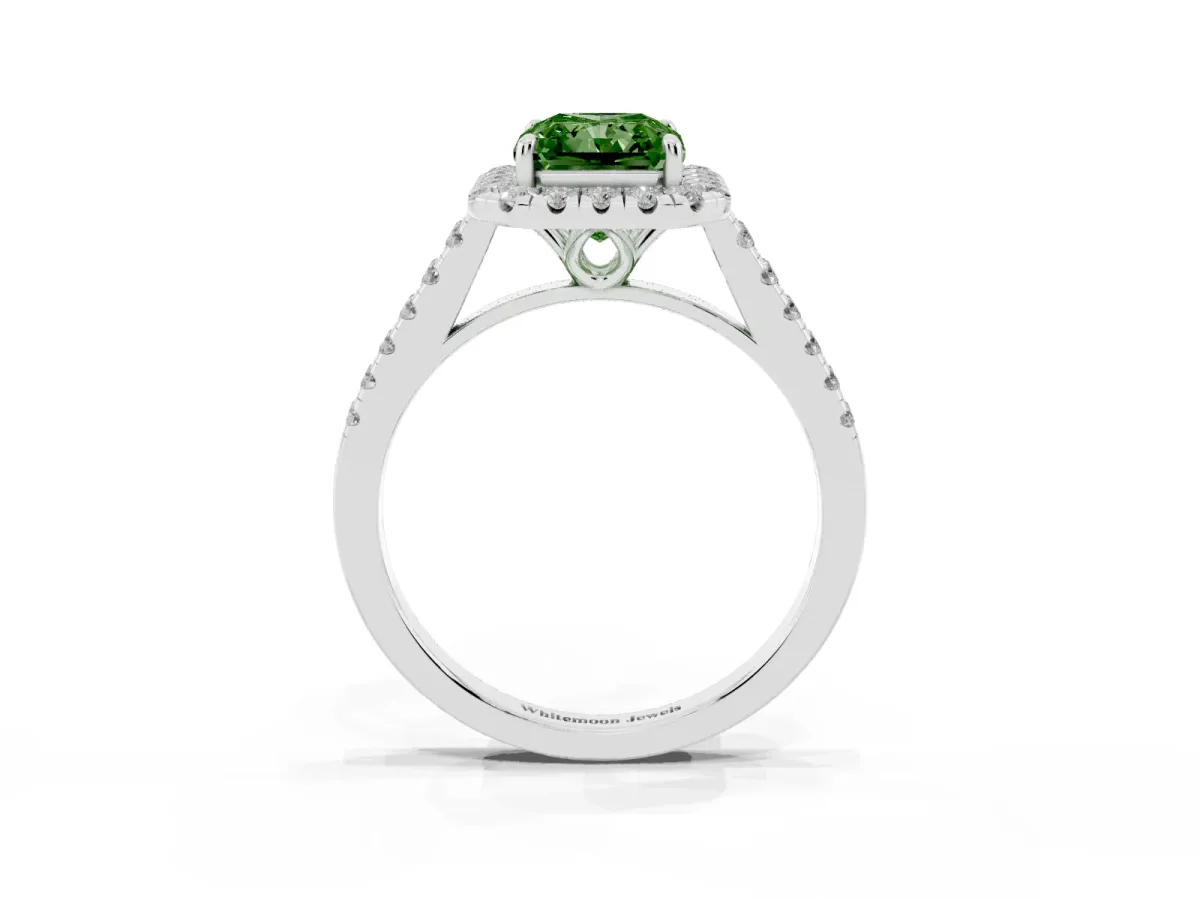 Fancy Green Radiant Cut Halo Pavé Diamond Engagement Ring with Four-Prong Setting Silver