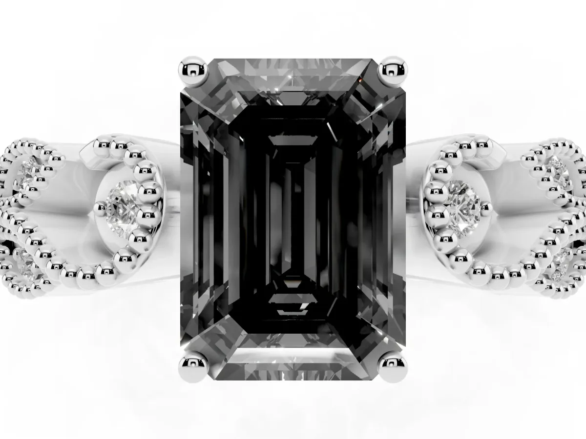 Fancy Black Emerald Cut Solitaire Milgrain Leaf Band with Prong Setting Silver