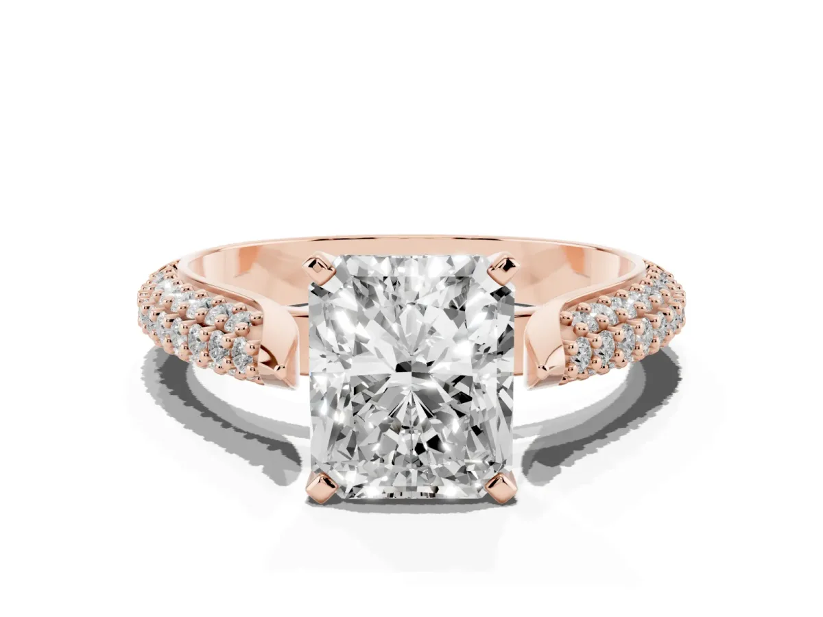 Radiant Cut Diamond Solitaire Engagement Ring with Multi-Row Round Pavé Band and Prong Setting Rose gold