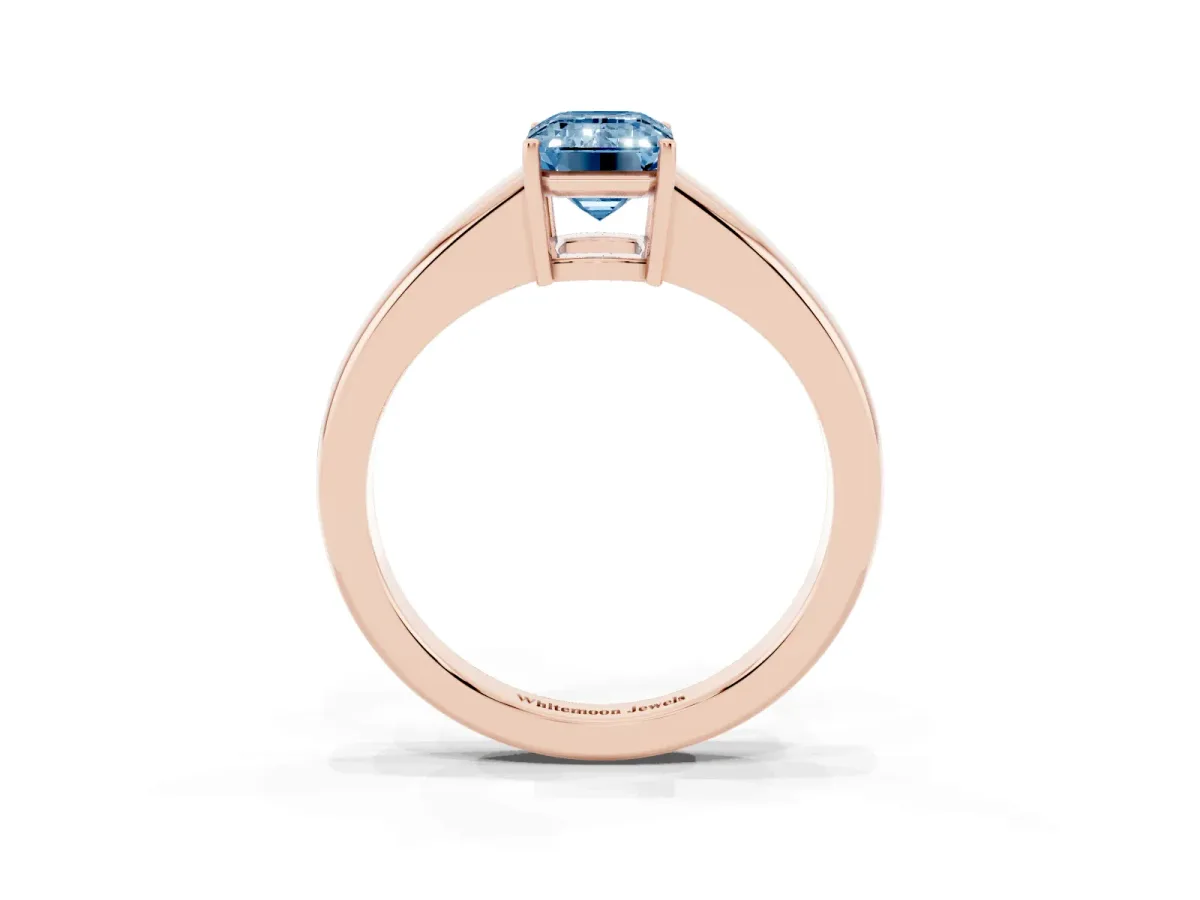 Fancy Blue Emerald Cut Solitaire Diamond Ring with Tapered Band and Four-Prong Setting Rose gold