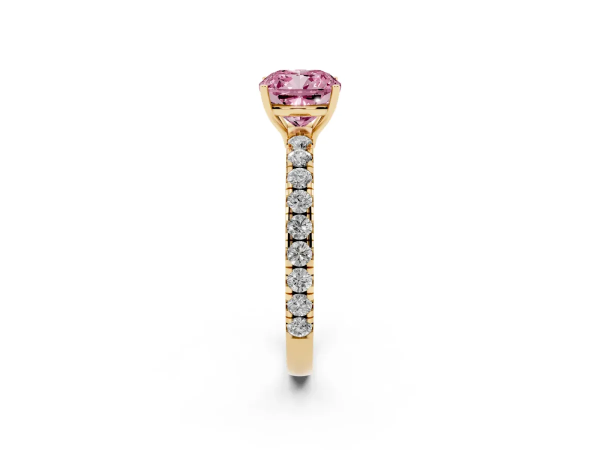 Fancy Pink Cushion Cut Diamond Pavé Solitaire Engagement Ring with Four-Prong Setting Yellow gold