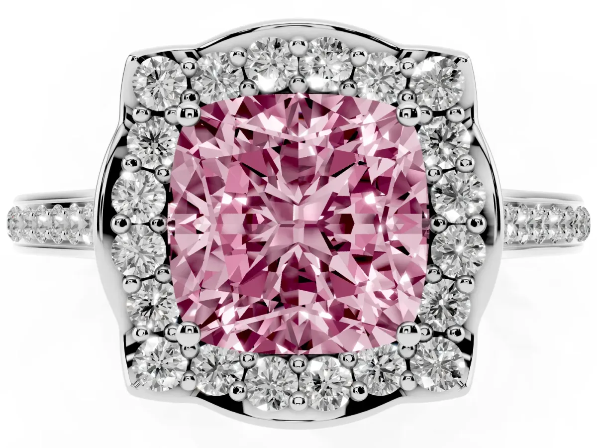 Fancy Pink Cushion Cut Halo Round Diamond Pave Band with Four-Prong Setting Platinum