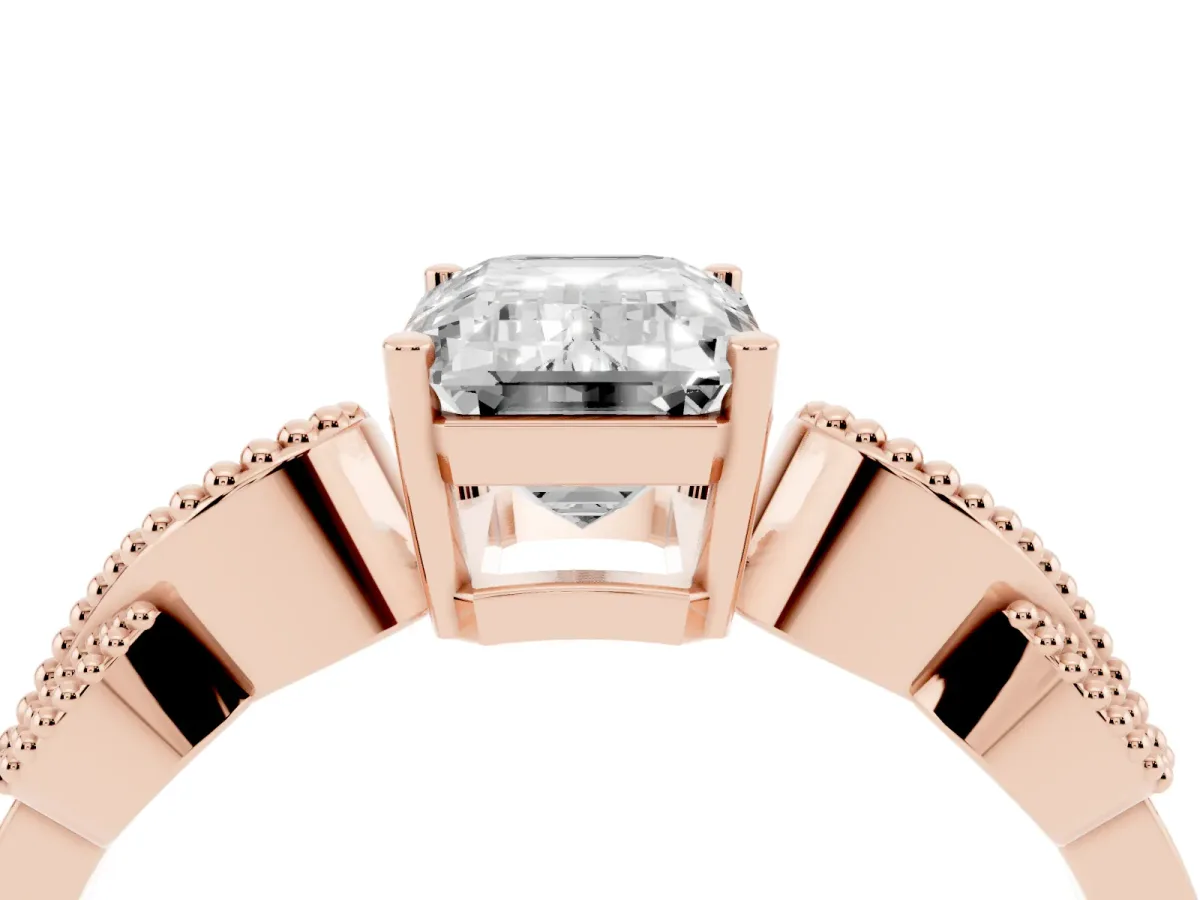 Emerald Cut Solitaire Milgrain Leaf Band with Prong Setting Rose gold