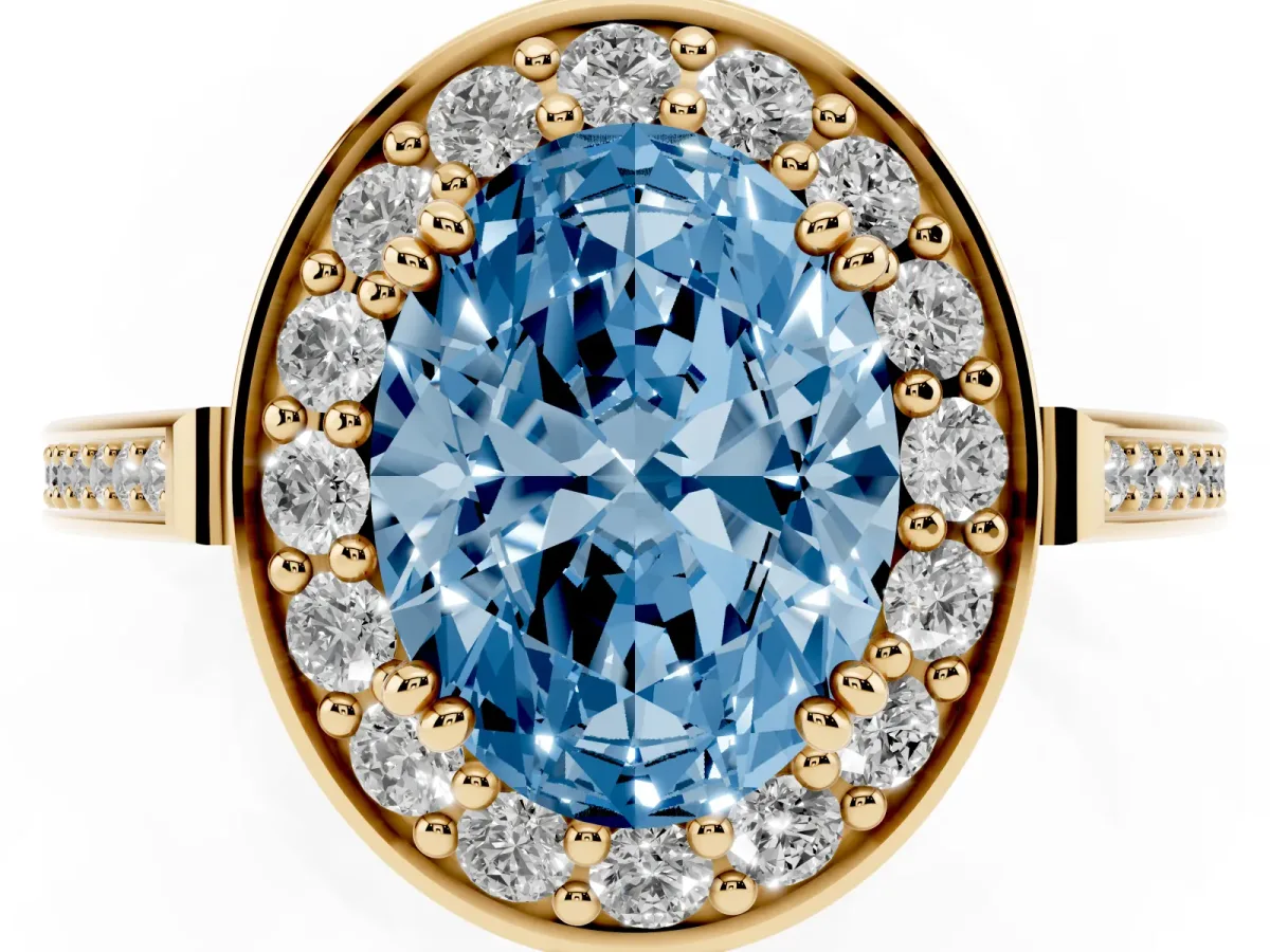 Fancy Blue Oval Cut Diamond Halo Ring with Split Shank and Four-Prong Setting Yellow gold