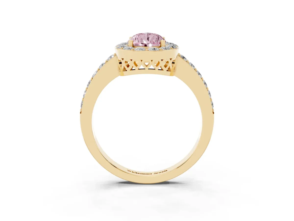 Fancy Pink Pear Cut Halo Diamond Pavé Band Ring with Prong Setting Yellow gold