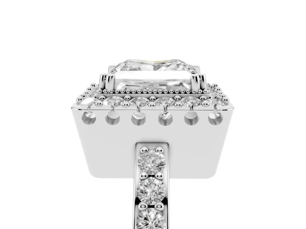 Princess Cut Diamond Halo Ring with Pavé Band and Prong Setting Silver