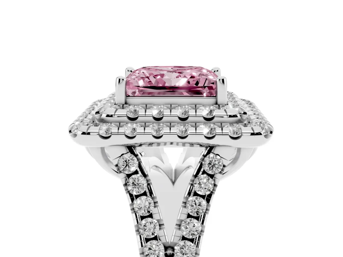 Fancy Pink Double Halo Princess Cut Diamond Pavé Split Shank Ring with Prong Setting Platinum