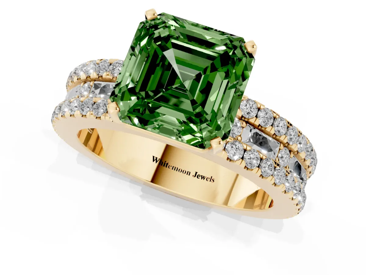 Fancy Green Asscher Cut Diamond Solitaire Ring with Pavé and Channel Set Band Yellow gold