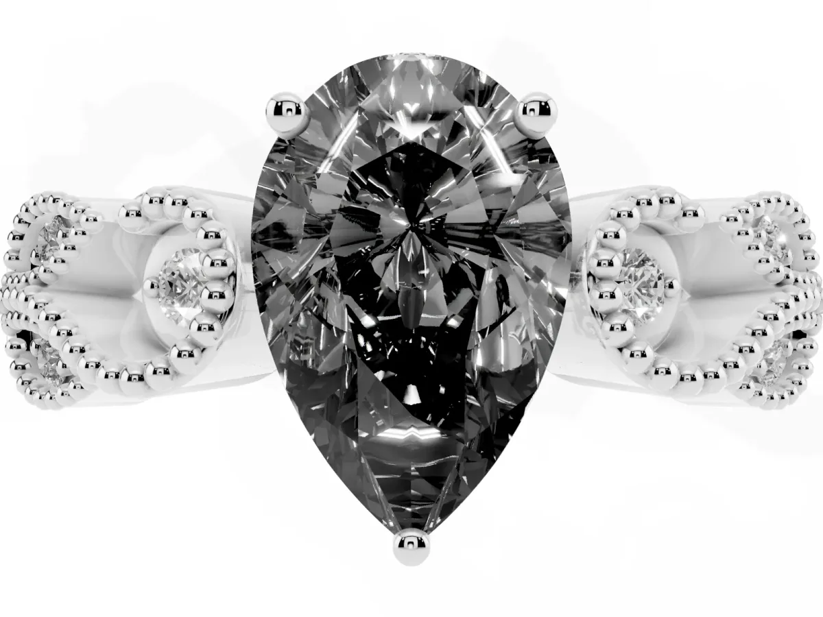 Fancy Black Pear Cut Solitaire Milgrain Leaf Band with Prong Setting Silver