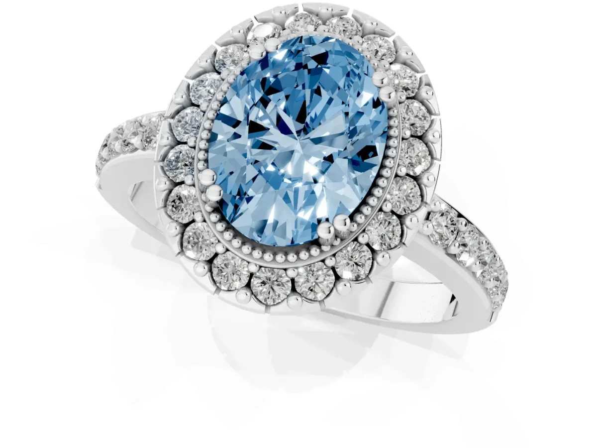 Fancy Blue Oval Cut Diamond Halo Ring with Pavé Band and Prong Setting Silver