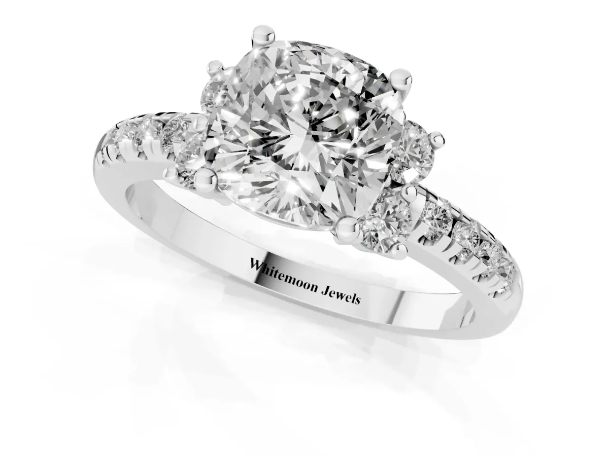 Cushion Cut Diamond Three-Stone Pave Band with Four-Prong Setting Silver