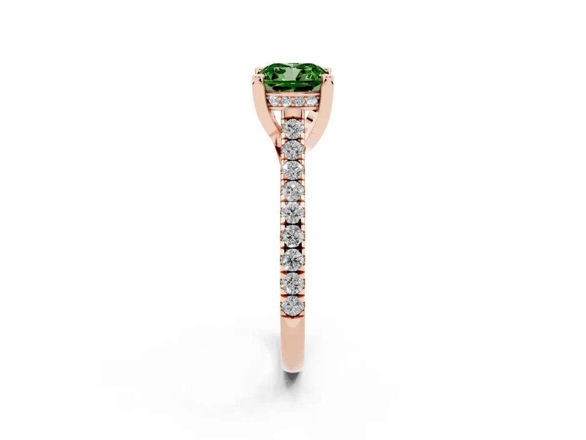 Fancy Green Cushion Cut Brilliant Diamond Solitaire with Pavé Band and Four-Prong Setting Rose gold