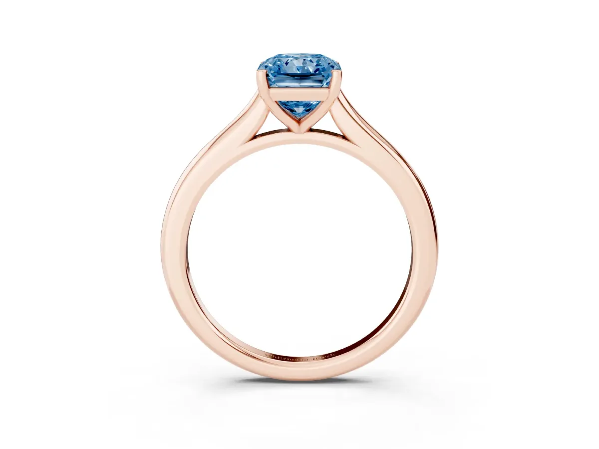 Fancy Blue Radiant Cut Cut Solitaire Ring with Cathedral Band and Four-Prong Setting Rose gold