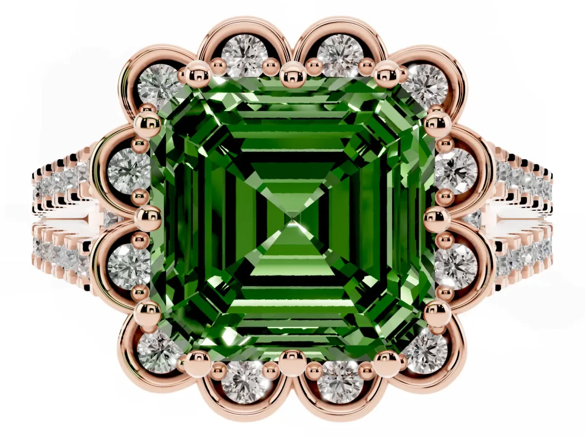 Fancy Green Asscher Cut Halo Diamond Floral Split Shank Engagement Ring Rose gold