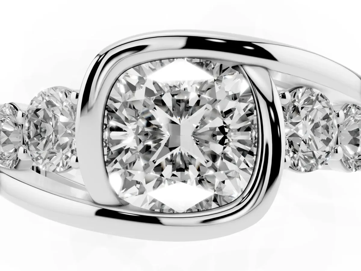 Bezel Set Cushion Cut Diamond Bypass Ring with Round Accents Silver
