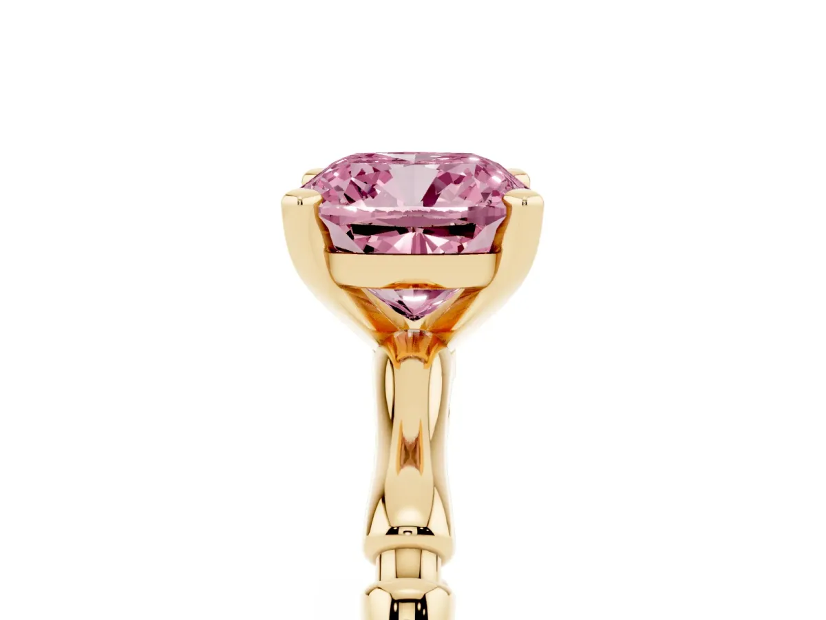 Fancy Pink Cushion Cut Solitaire Diamond Ring with Bamboo Band and Four-Prong Setting Yellow gold