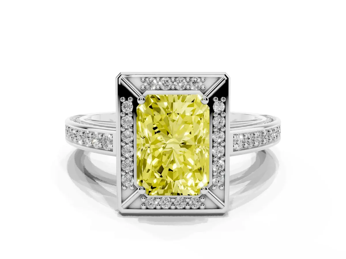 Fancy Yellow Radiant Cut Cut Halo Pave Split Shank Prong Setting Ring Platinum