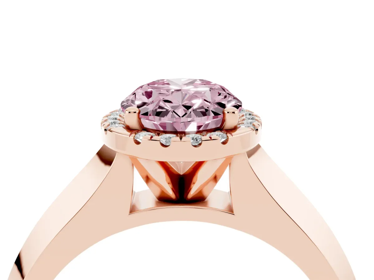 Fancy Pink Oval Cut Halo Diamond Ring with Cathedral Band and Four-Prong Setting Rose gold