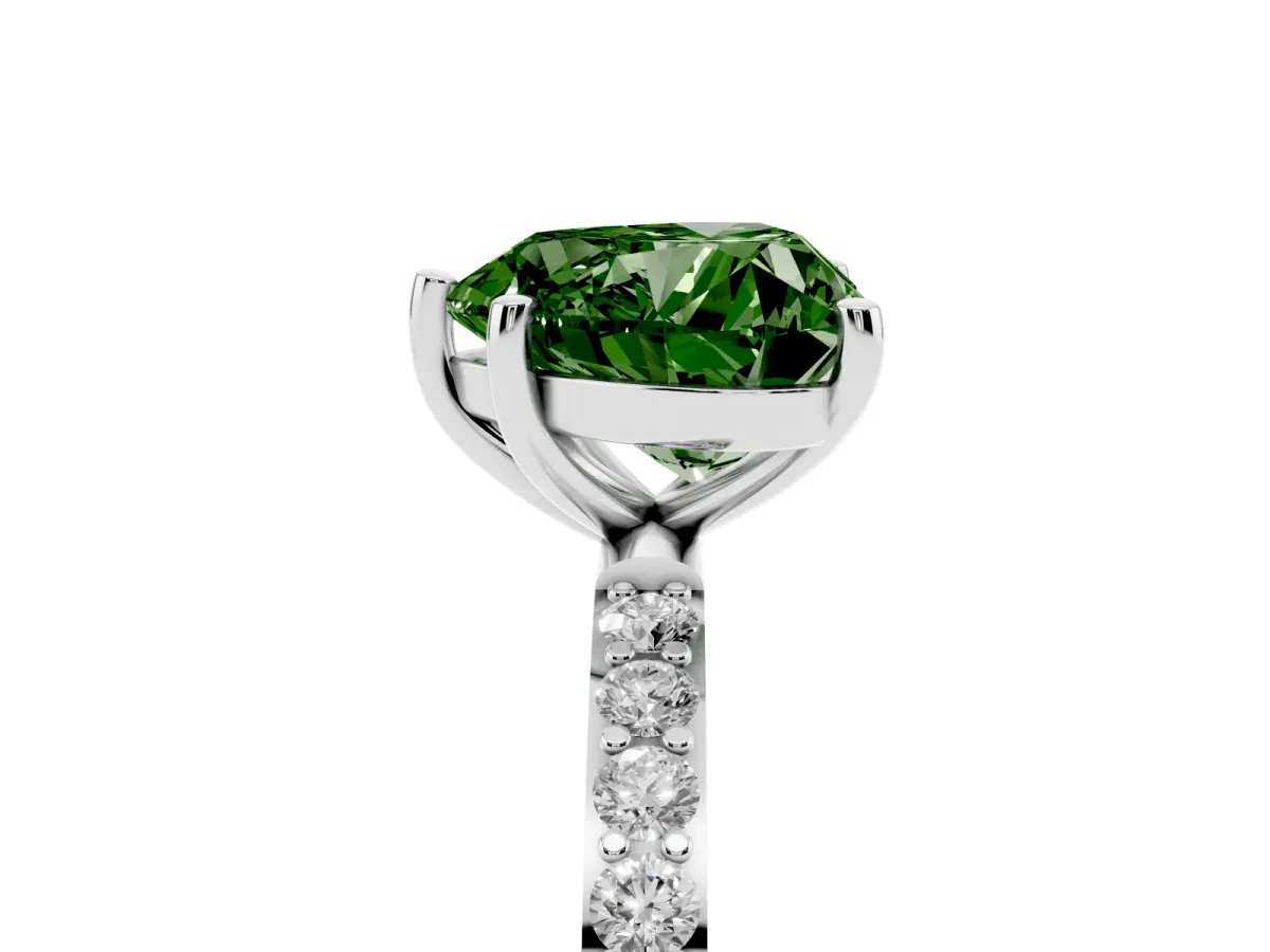 Fancy Green Heart Cut Diamond Solitaire Ring with Round Pavé Shoulders and Prong Setting Silver