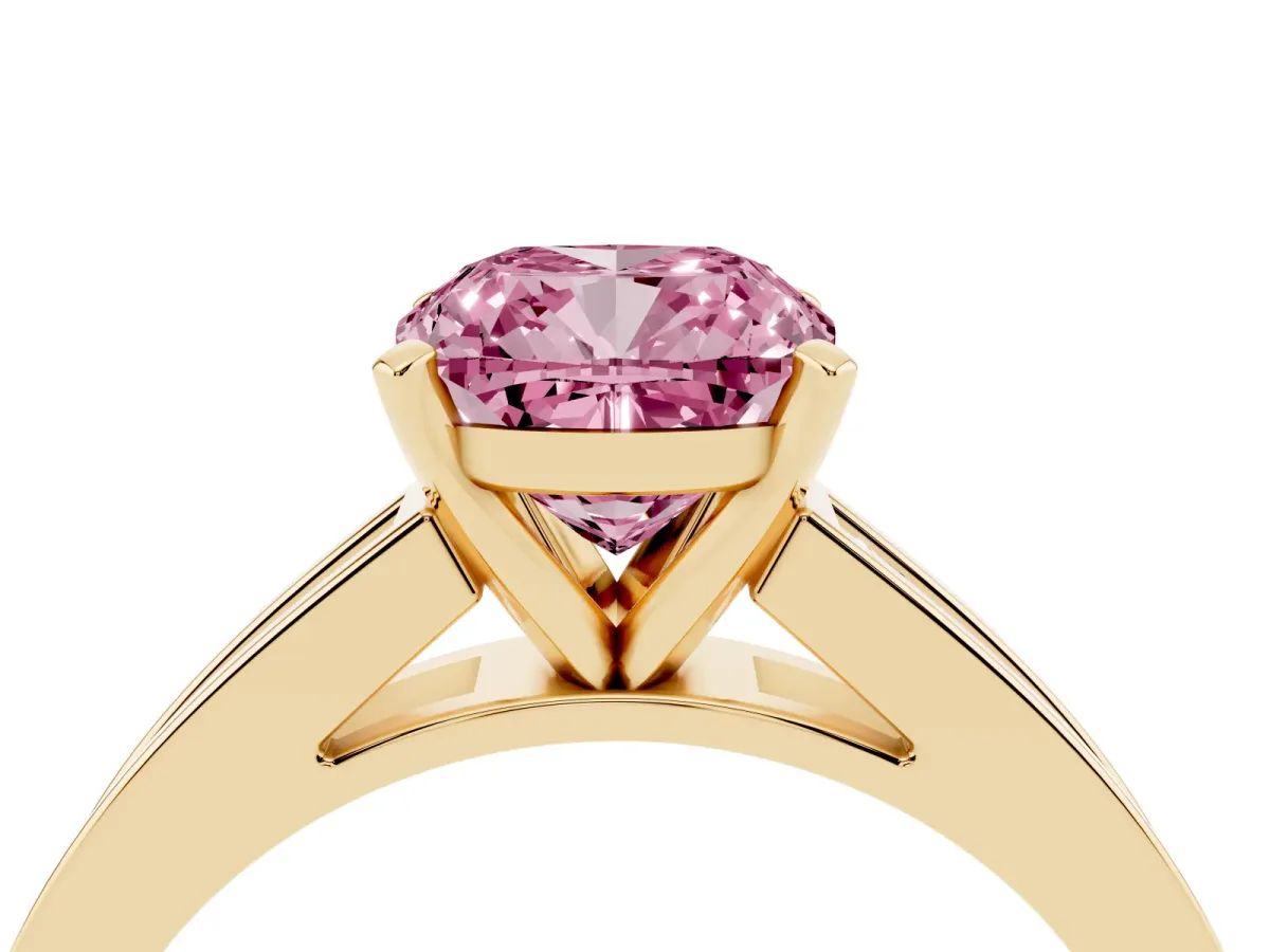 Fancy Pink Cushion Cut Solitaire Diamond Ring with Channel-Set Band and Four-Prong Setting Yellow gold