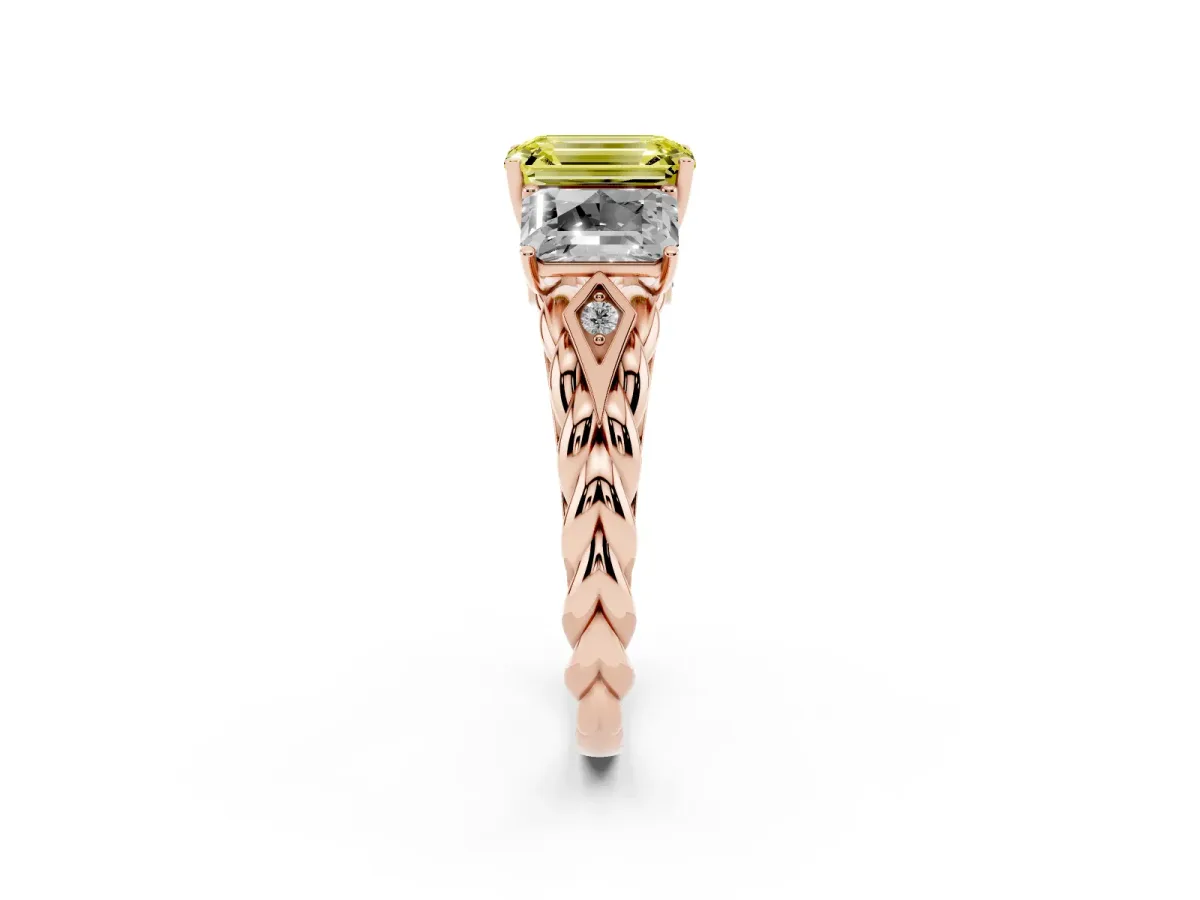 Fancy Yellow Three-Stone Radiant Cut Diamond Braided Band Ring with Four-Prong Setting Rose gold