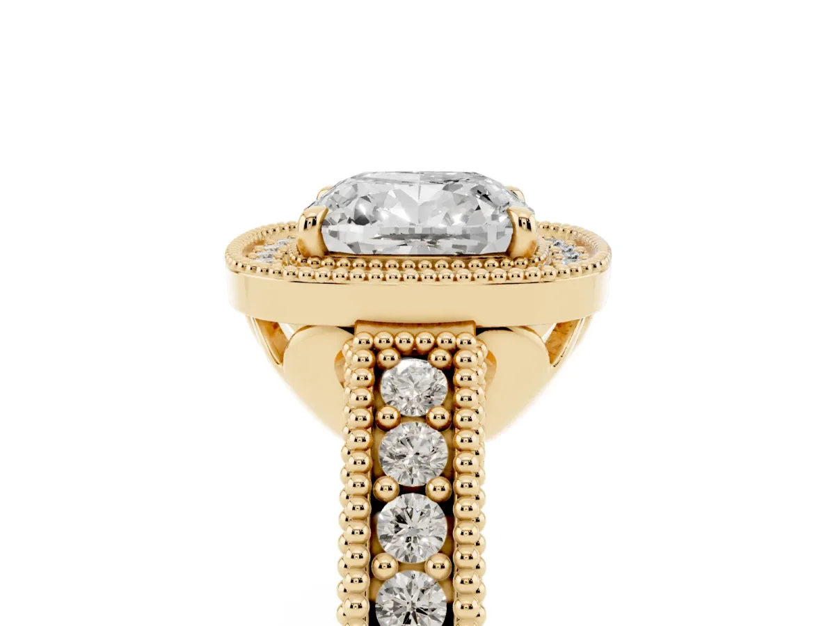 Cushion Cut Cut Halo Diamond Ring with Pavé Band and Four-Prong Setting Yellow gold