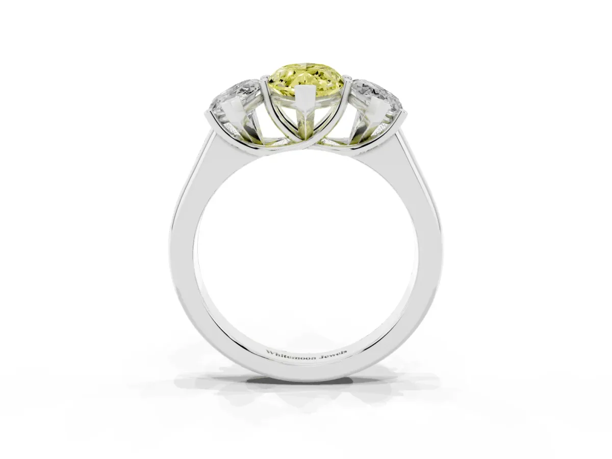 Fancy Yellow Marquise Cut Three-Stone Diamond Ring with Prong Setting on a Classic Band Silver