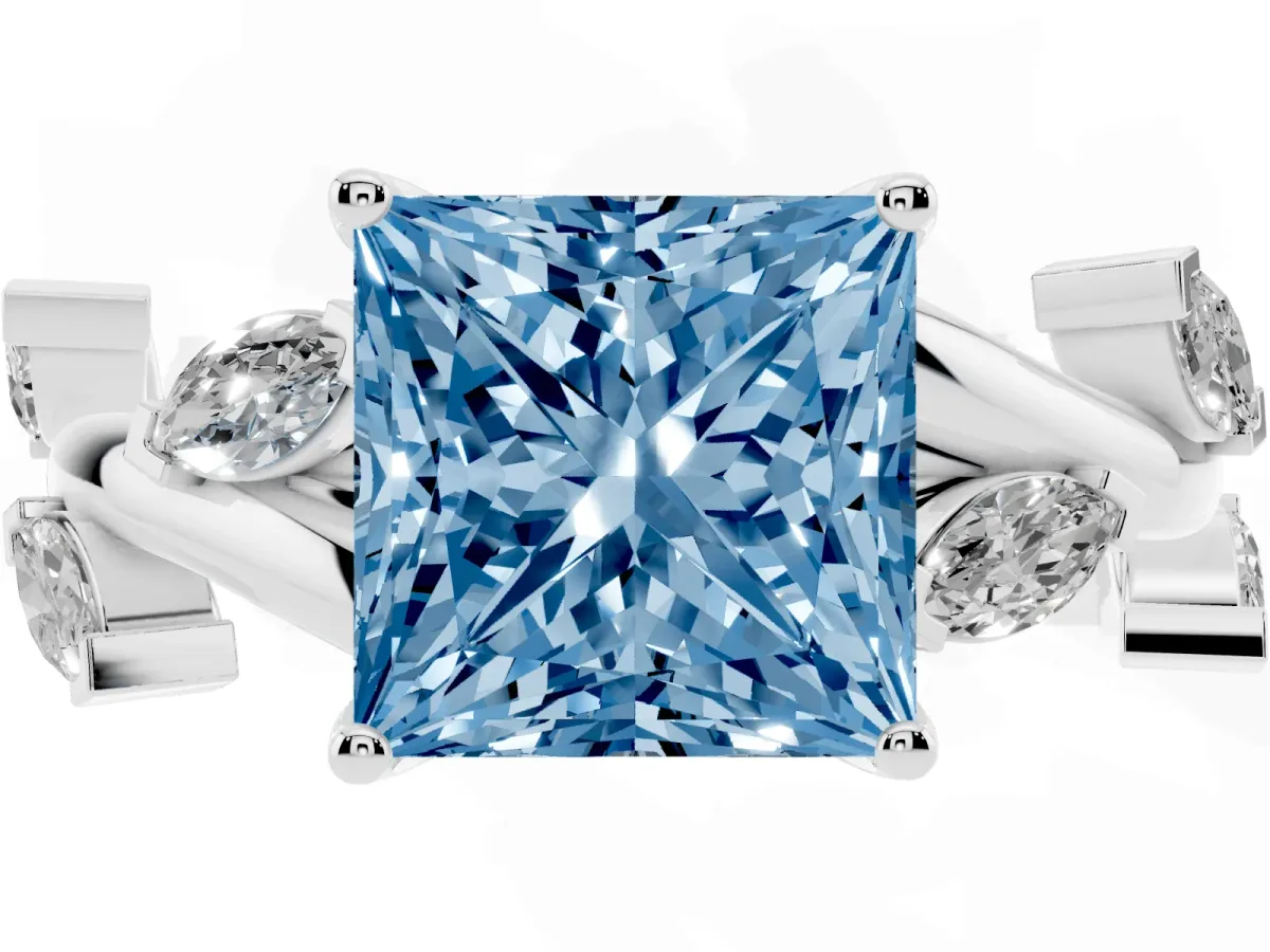 Fancy Blue Princess Cut Solitaire Twisted Band Marquise Accent Prong Setting Ring Silver
